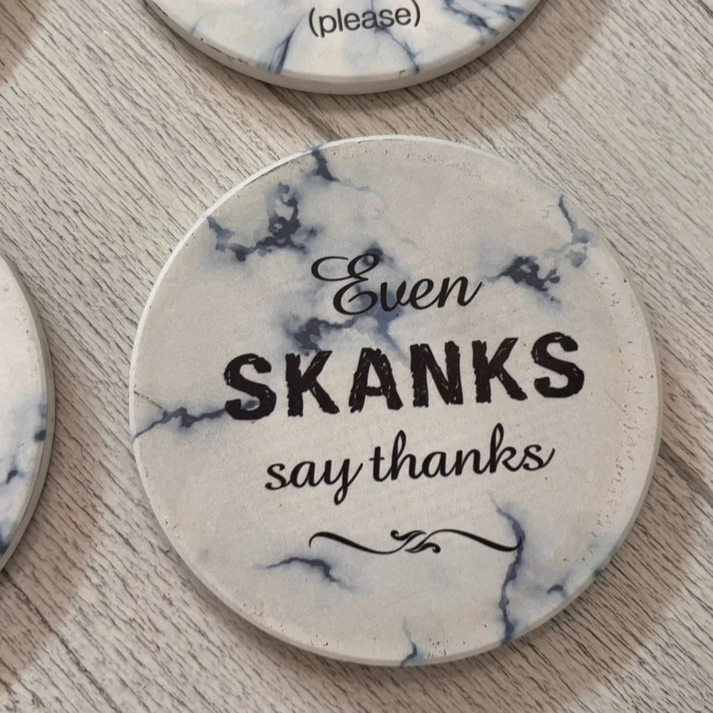 Set Of 4 Naughty Coasters White Marble Print 4” Graphic Moisture Absorbing